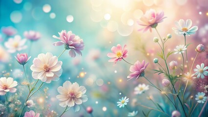 A vibrant, dreamy meadow filled with colorful wildflowers in full bloom, bathed in soft sunlight and sparkles, creating a serene, magical atmosphere.