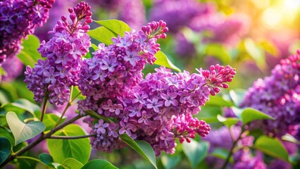 Beautiful, blooming lilac bush with lush green leaves and vibrant purple flowers emitting a sweet, intoxicating fragrance in spring.