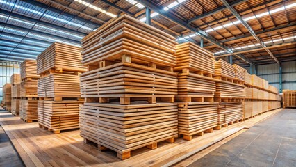 Piles of rough-cut solid wood deck boards stacked horizontally on a warehouse floor, awaiting use in construction and renovation projects.