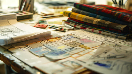 Naklejka premium Sketches, blueprints, or design ideas pinned on a board or spread out on a table, highlighting the creative and technical process behind each craft. 