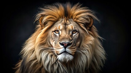 Naklejka premium Majestic male lion with shaggy mane and piercing eyes gazing intensely, isolated against a dark, mysterious black background atmosphere.