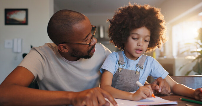 Father, boy and book with writing, education or helping hand for advice with problem solving in family home. African man, son and learning for development, math or check notes at apartment in Chicago