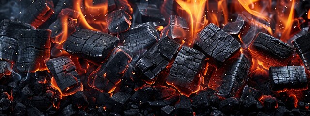 Orange wild fire burning on black coal and ash, prepared for barbecue grill AI Generative