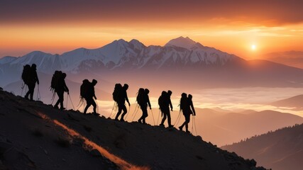 Obraz premium Silhouette photo of climbers walking up a mountain with a view of the sunset. Group of people on peak mountain climbing helping team work , travel trekking success business concept
