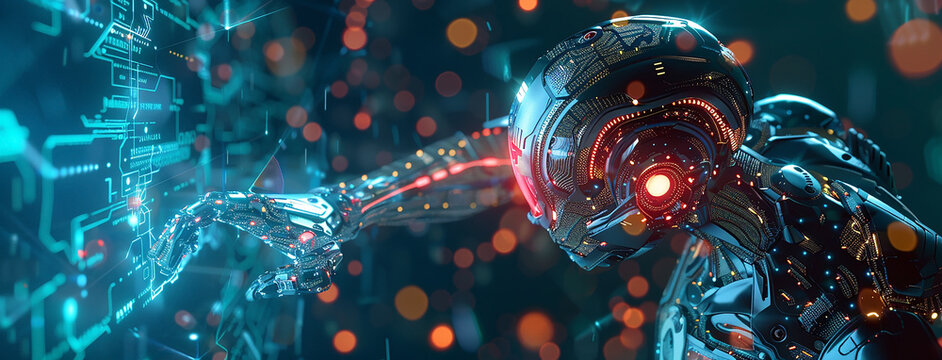 wide horizontal ai robot hand and fingers touching and pointing a digital screen 