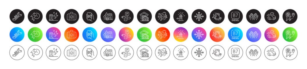 Diesel, Search flight and Escalator line icons. Round icon gradient buttons. Pack of Carry-on baggage, Charging time, Charging parking icon. Hold box, Flight sale, Fuel price pictogram. Vector