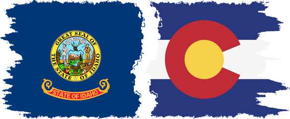 Colorado and Idaho states grunge brush flags connection, vector