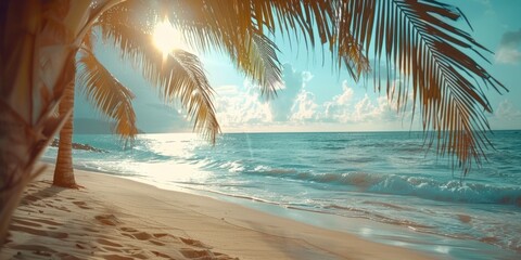 A sunny day at the beach with palm trees, perfect for a relaxing vacation or outdoor activities