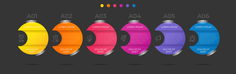 Vector infographic with colorful circles and icons on the black background. Business modern concept with six parts, steps. Used for charts, graphs, diagrams, workflow layout, web