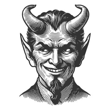 recommend clip art: Devil devilish figure smiling with horns and a mischievous expression sketch engraving generative ai fictional character vector illustration. Scratch board imitation. Black and white image.