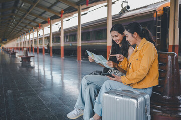 Two young women happily plan their trip at a train station, using a map and smartphone. They bond over travel, ready for adventure with backpacks and luggage