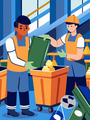 Two men are working together to empty a trash can. One man is holding a green book while the other man is holding a green bag. The scene is set in a building with a staircase in the background