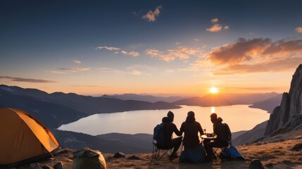 Silhouette photo of a climbers sitting and enjoying coffee next to a camping tent on a mountain with a view of the sunset and lake. Experience a beautiful mountain sunset from a tent. Travel Concept