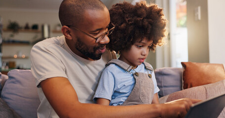 Obraz premium Home, dad and kid on tablet for ebook, bonding and streaming online for movie, cartoon or video. Technology, download or single parent father with boy, child or touchscreen for learning development