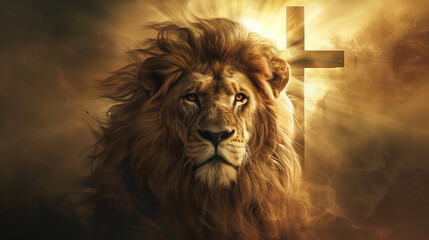 Majestic Lion with Cross in Radiant Light, Symbolic Digital Art, Lion of Judah