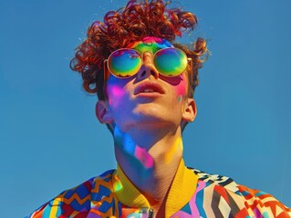 portrait of young LGBT teen lively man with colorful rainbow color theme, fashionable hair style, wearing round chrome vibrant reflect sunglasses.