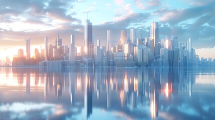 Fototapeta premium A 3D illustration of a futuristic city skyline, with skyscrapers and buildings designed in a sleek, modern style, suitable for use in annual reports or presentations.