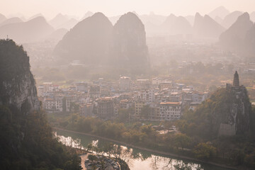 Aerial view of beautiful mountain and river natural landscape in Guilin, China