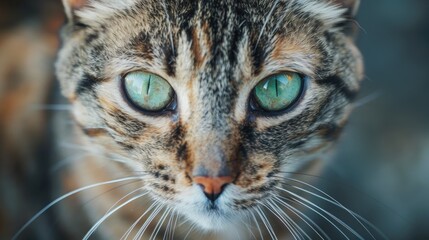 Close up portrait of a domestic cat with green eyes Tabby feline gazing at the camera in natural light setting Blank area for advertising
