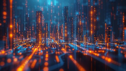 Obraz premium A futuristic 3D illustration of a city skyline with data streams and connections between buildings, showcasing the concept of a smart city.