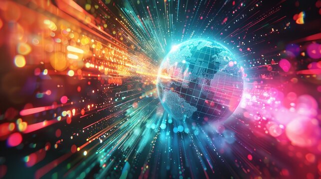 A colorful 3D illustration of a globe surrounded by digital data streams, illustrating concepts of globalization and connectivity for business presentations.