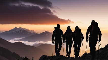 Fototapeta premium Silhouette photo of climbers walking up a mountain with a view of the sunset. Group of people on peak mountain climbing helping team work , travel trekking success business concept. Generative AI