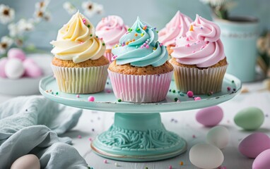 Colorful cupcakes on a pastel cake stand, decorated with sprinkles, against a soft blue background.