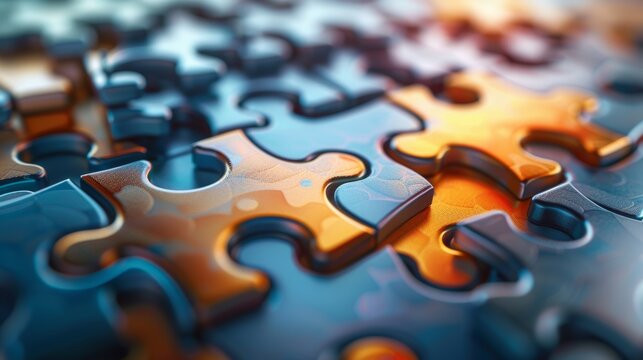 An abstract 3D illustration of interconnected puzzle pieces coming together, symbolizing the collaborative effort needed to solve complex problems.