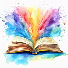 A vibrant watercolor painting of an open book with colorful splashes, symbolizing creativity, imagination, and learning. © mydegage