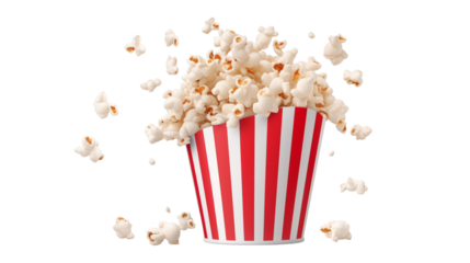 Delicious popcorn flying out of a red-white striped paper cup transparent background.