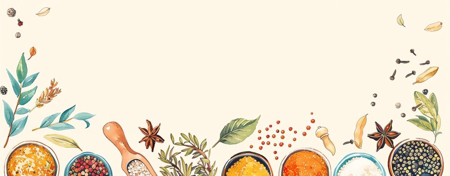 Bright summery spices and herbs frame, perfect for a spring card or healthy diet decoration.