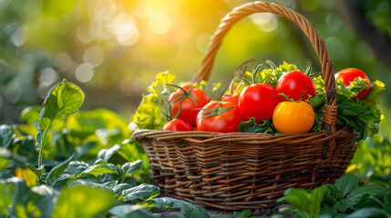 Basket of Fresh Tomatoes and Greens. A detailed image of a wicker basket filled with freshly picked tomatoes and leafy greens, basking in warm sunlight in a lush garden setting.