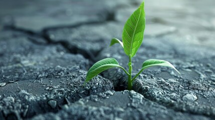 A 3D illustration of a young plant breaking through cracked concrete, representing resilience and growth in challenging environments.