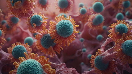 Naklejka premium cancer cells, long covid virus, tuberculosis disease, biopsy and surgery, air pollution concept