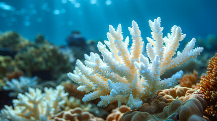 Obraz premium Coral Bleaching Underwater Scene. Close-up of coral bleaching, showing the stark contrast between healthy and damaged corals, highlighting the impact of climate change on marine life.