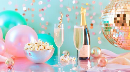 festive table setting with a disco ball, a glass of champagne, a bottle of gold generic champagne, and a bowl of popcorn, on a shimmering iridescent surface, creating a lively party atmosphere