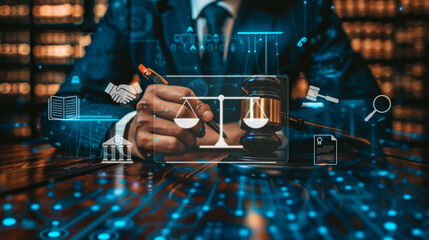 Lawyer Writing with Digital Legal Icons. Lawyer writing with a pen on a desk, surrounded by digital legal icons, representing the modern intersection of law and technology in a professional setting.