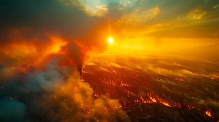 Obraz premium Wildfire Smoke Covering Sunlit Sky. A dramatic scene of wildfire smoke covering the sunlit sky, symbolizing the impact of climate change and environmental crises.