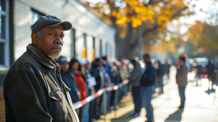 Voters Standing in Line Outside Polling Station. People standing in line outside a polling station, waiting to cast their votes on election day, reflecting civic duty and democratic participation.