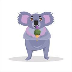 Children's cute animal card. Koala bear eats ice cream. Cute character for kids.  Isolated vector illustration for children.