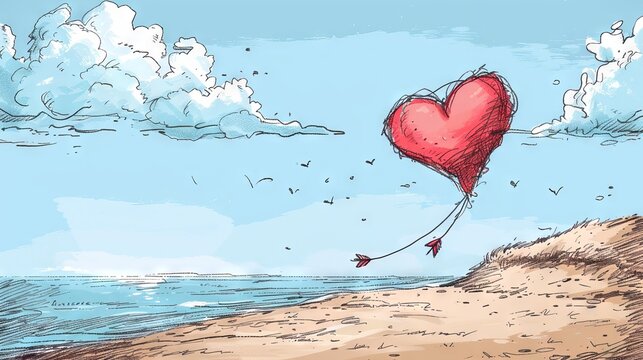 The heart-shaped balloon flies over the beach.