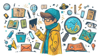 The illustration shows a young boy wearing a yellow jacket and a blue hat, holding a smartphone