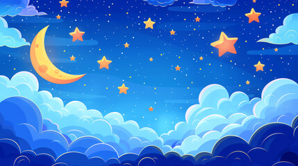 Obraz premium Colorful fantasy illustration of a night sky with a large crescent moon and stars among stylized clouds