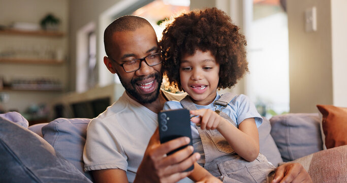 Phone, dad or kid in black family or home for bonding or streaming online for movie, web or video. Technology, download or single parent father with boy, child or touchscreen for learning development