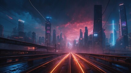 Fototapeta premium Illustration sketch, night neon futuristic cityscape and highway