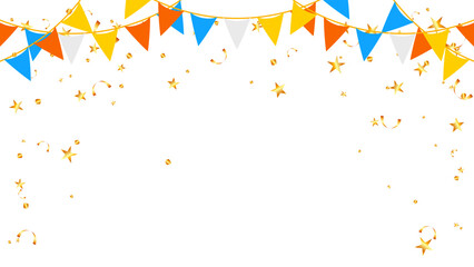 Banner Happy holiday party, event, festival paper flags hanging and gold confetti