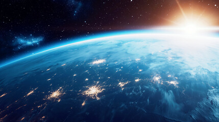Obraz premium Stunning view of Earth from space showing the sun rising and city lights