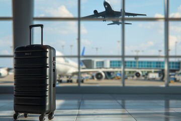 Modern Suitcase in Airport Terminal with Airplane Taking Off in Background. This image conceptualizes travel and adventure. Perfect for travel blogs or airport marketing materials. Generative AI