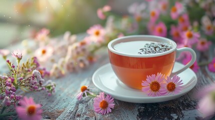 Fototapeta premium Cup of tea with chamomile flowers on a rustic wooden table, surrounded by blooming flowers in a garden setting with soft sunlight.