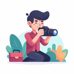 Isolated  flat-style  illustration of photographer with camera on white background. Man photographer character. 